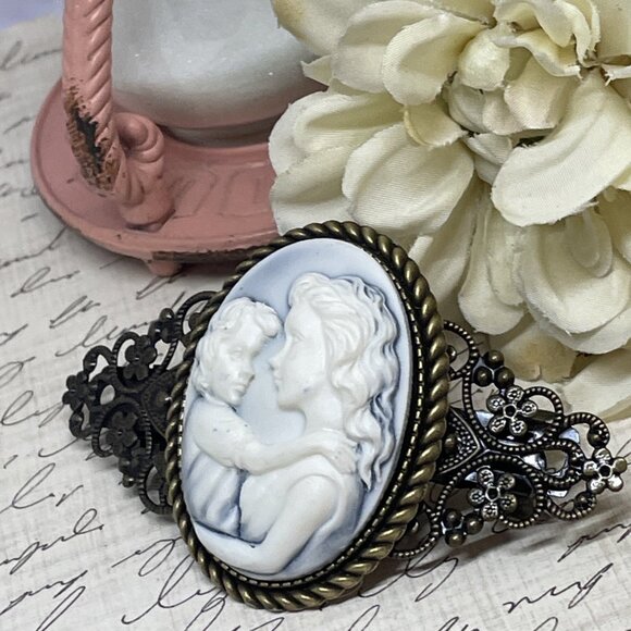 Blue White Mother Child Christmas Gift Mom New Cameo Pin Hair Clip Jewelry Comb - Picture 7 of 12